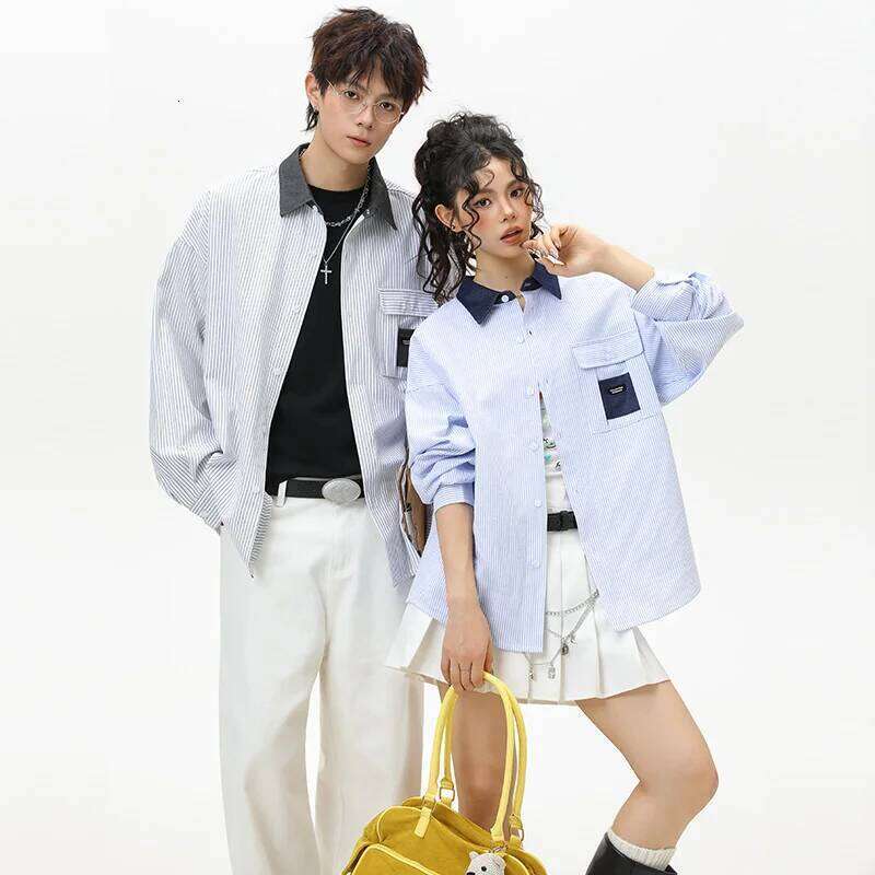 Couple Shirt Long Sleeve Striped Spring Blouses Unisex Fashion Loose Blouse Y2k Men Clothing Casual Shirts Girls Clothes MAKOUFEI