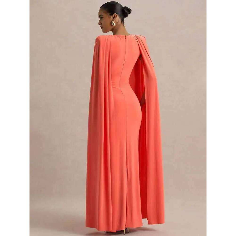 Blifanbo Sexy Cape Sleeve Maxi Dress Women Gown Fashion O Neck High Waist Split Zipper Club Party Long Dresses Female Elegant C260312