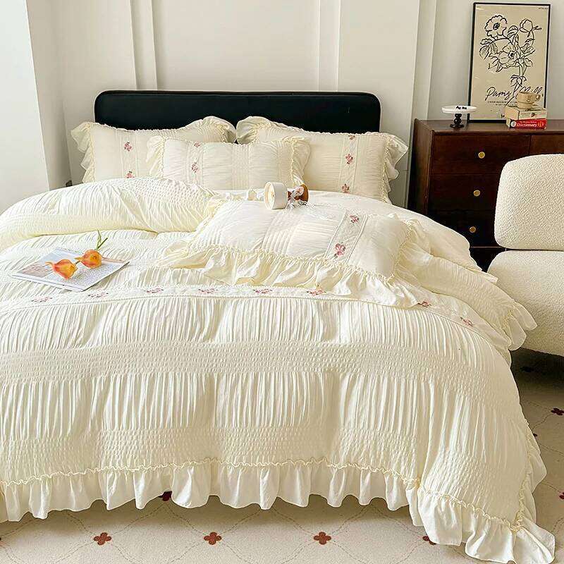 Korean Princess Style Lace Ruffles Wedding Bedding Seersucker Washed Cotton Soft Duvet Cover Set Bed Sheet Pillowcase 3/4Pcs H260312