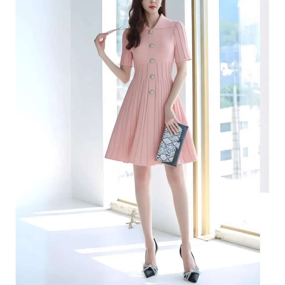 2026 Spring and Summer New A14 Polo Collar Single breasted Dress Fashionable and Elegant Commuter Tight A-line Short Skirt at Waist