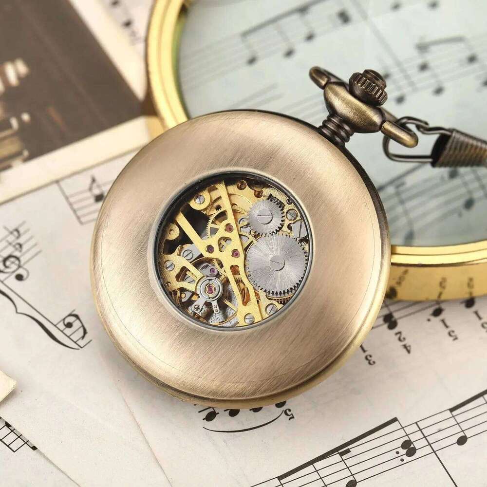 Vintage luxury wooden ring skeleton flip Roman numeral manual winding mechanical pocket watch reloj de bolsillo