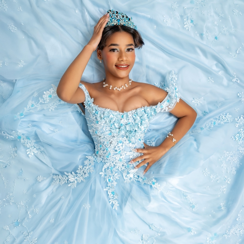 Sky Blue Shiny Ball Gown Quinceanera Dresses 2026 Applique Flower Tull Corset Off Shoulder Sweet 16 Dress Vestidos De 15 Anos