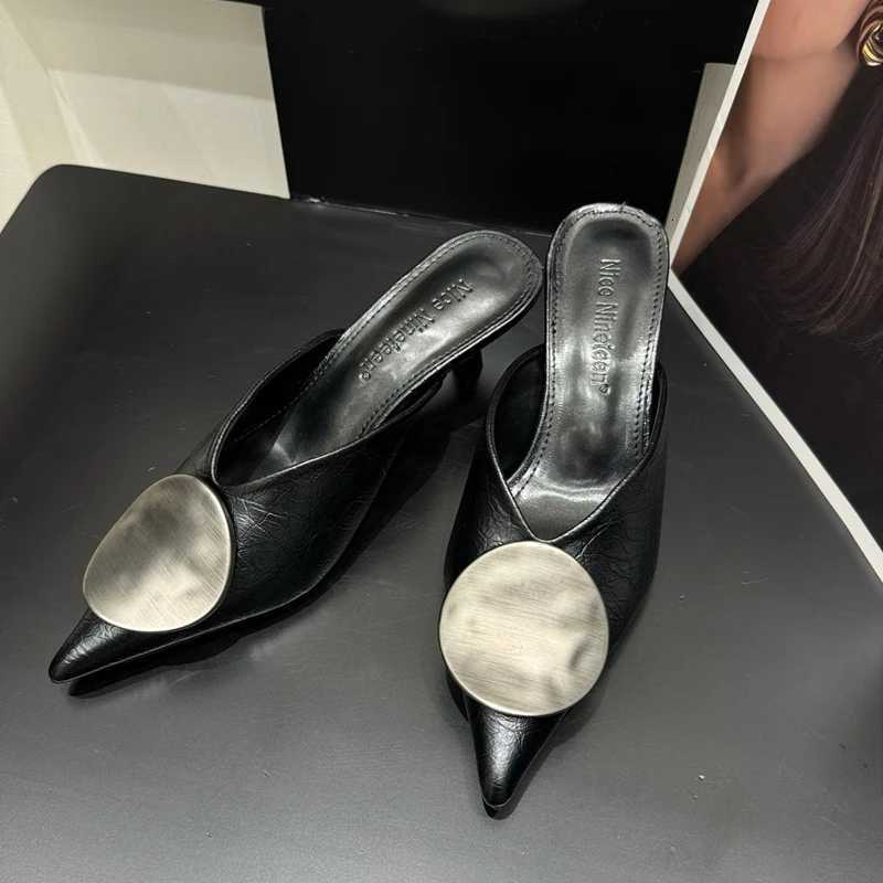 SUOJIALUN 2026 Spring New Women Slipper FAshion Pointed Toe Shallow Slip on Mules Shoes Metal Outdoor Dress Slides K260312