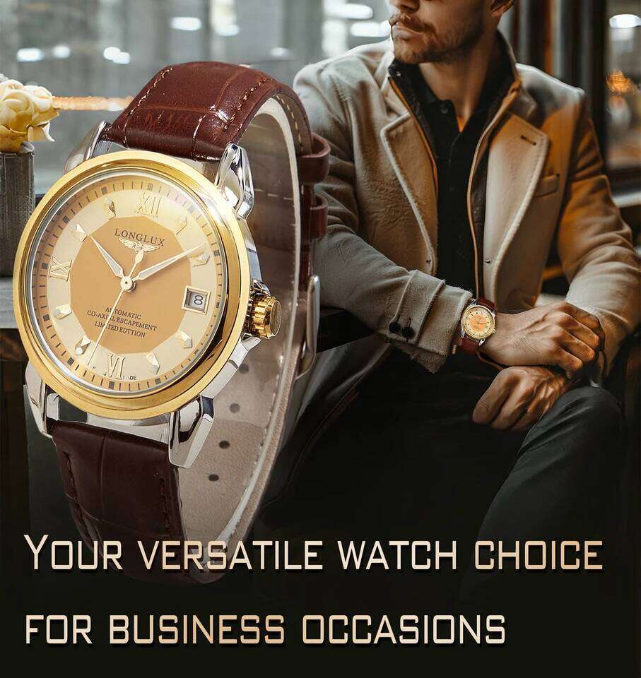 LONGLUX automatic man business leisure dating mechanical wristwatches day date waterproof leather mens watch men gift
