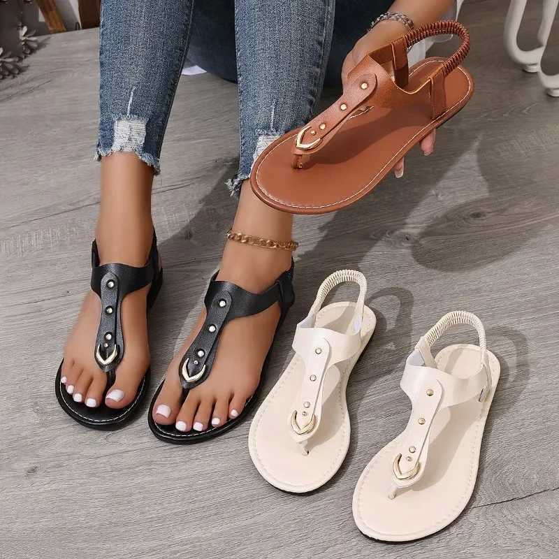 Sandals for Women 2025 Summer Simple Fashionable Flats Elastic Band Outdoor Beach Shoes Casual Ladies Rome Sandals K260312