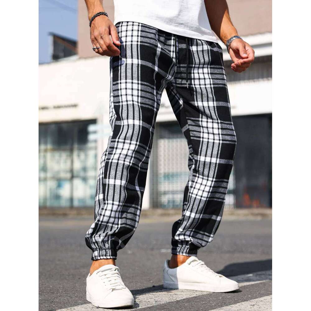 Men's Plaid Print Cuffed Casual Trousers Comfortable Sleepwear Pajamas Pants for Relaxed Style