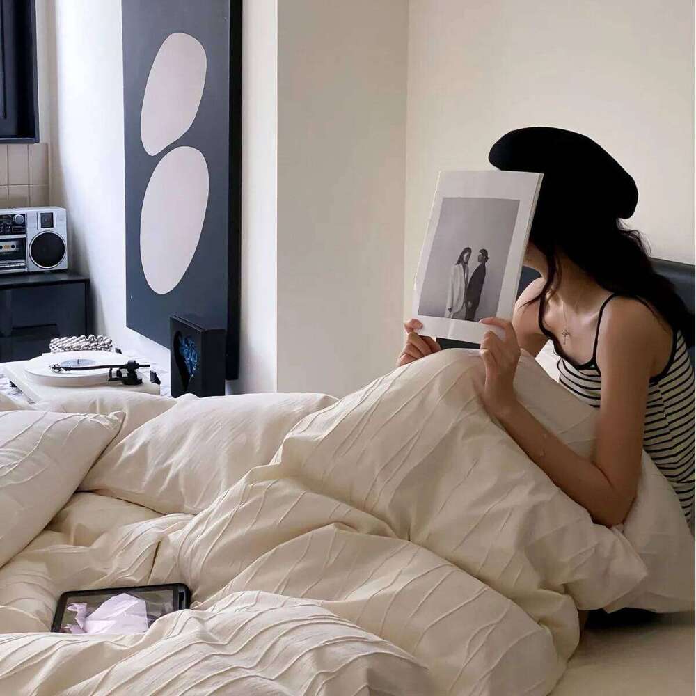 Customizable washed cotton three-dimensional jacquard simple Japanese old money wind four-piece set 100 bed sheet quilt cover H260312 - view 3
