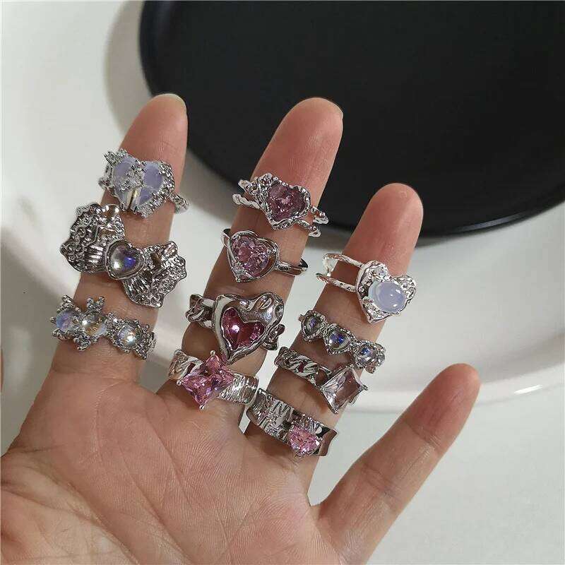 Pink Crystal Irregular for Women Creative Blue Opal Heart Open Shiny Geometric Zircon Ring Vintage Y2K Jewely H260312