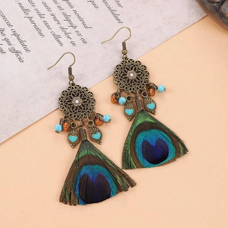 Unique Feather Earrings Peacock Feathers Vintage Exaggerate Boho Trendy Women Statement Jewelry 2024 260309