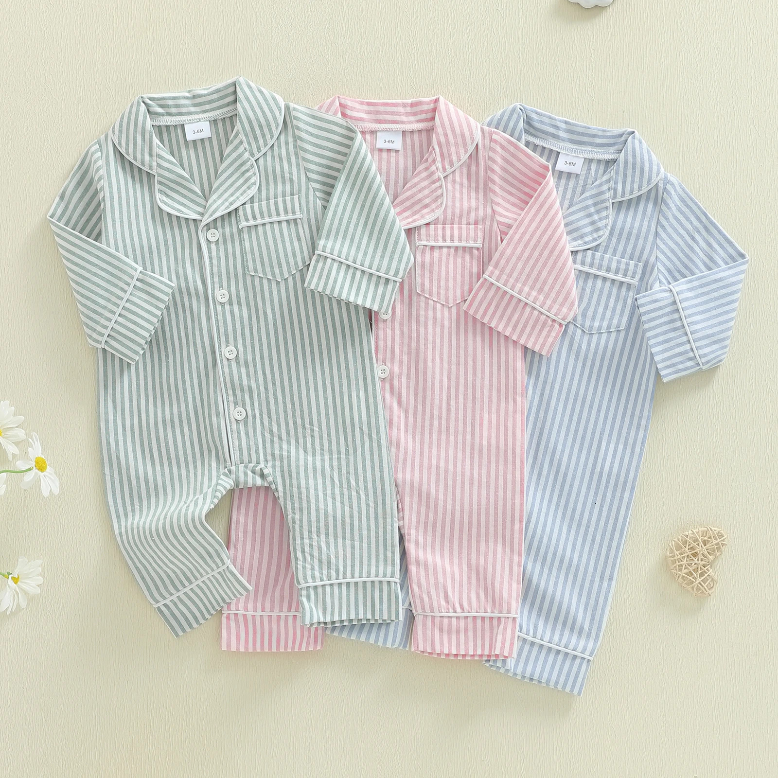 024M Baby Girl Boy Romper Pajamas Fall Winter Long Sleeve Button Down Pjs born Infant Lapel Sleepwear Nightwear Clothes 260311