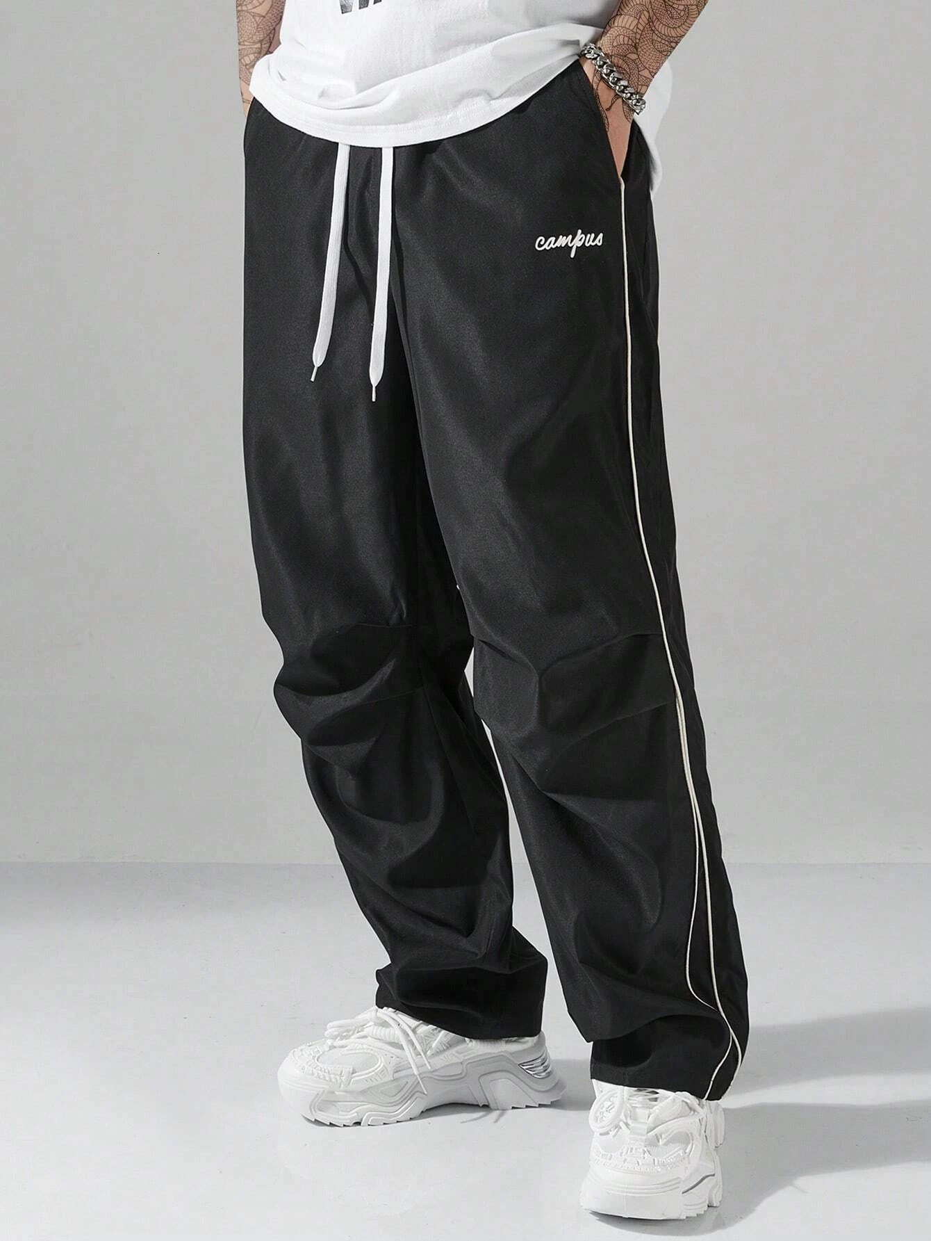 Larbulse Men Contrast Trim Trouser Fashion Casual Pants Solid Color Breathable Loose Straight Drawstring Pants Streetwear 260311