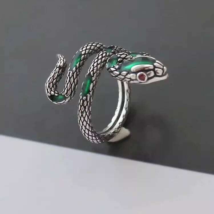 925 Sterling Silver Rings For Women Vintage Handmade Adjustable Retro Green Snake Ring Fashion Band Female Bijoux Gift H260312