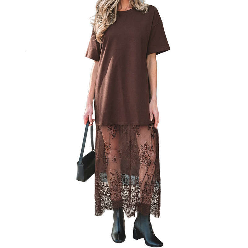 2025 Summer New Solid Color Long Women, European and American Style, Unique Design, Lace Patchwork Short Sleeve Dress for Women