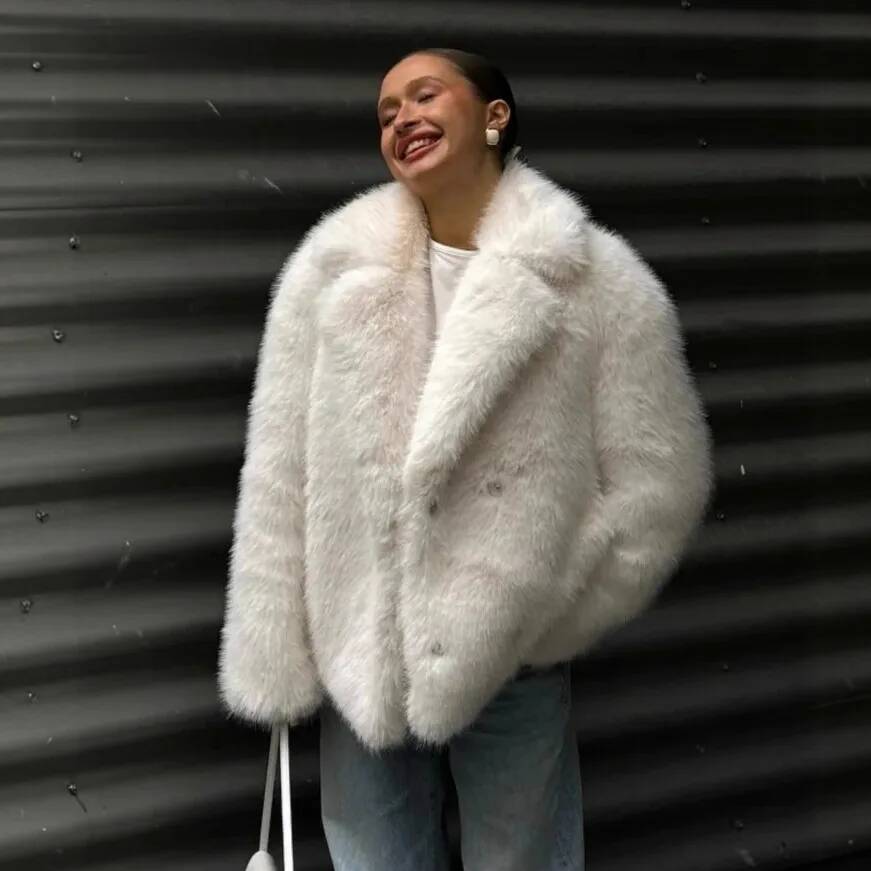 KIDCRKJ Winter Women Mink White Snap Button Lapel Faux Fox Jacket For Lady Chic Fluffy Female Artificial Fur Coat