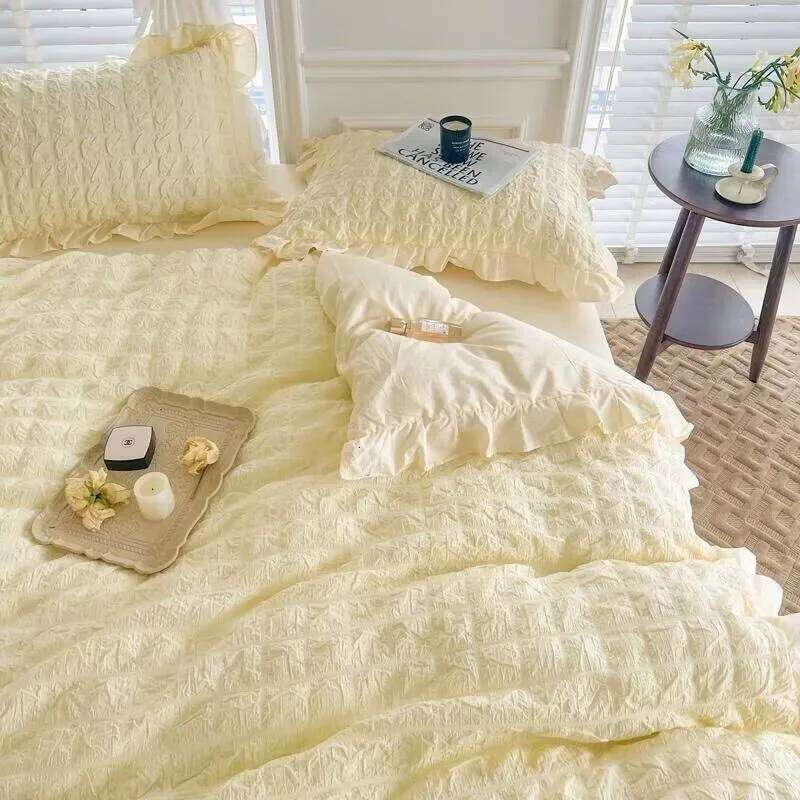 Korean Princess Yellow Bedding For Women Double Ruffle Lace Duvet Cover Full Queen Solid Color Comfortable Bed Sheet Set H260312