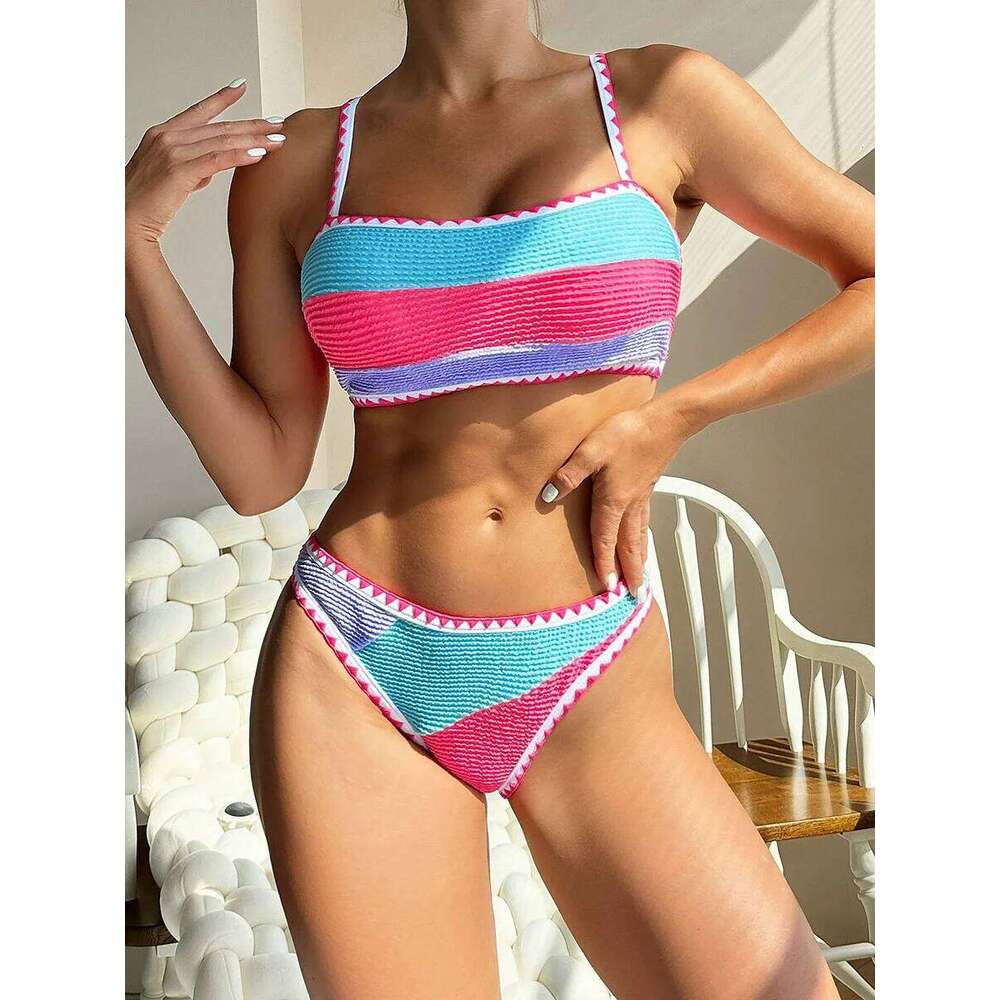2025 Block Color Two Piece Bikini Women Swimwear Female Swimsuit Bathers Bathing Swimming Suit Beachwear Summer Y260303
