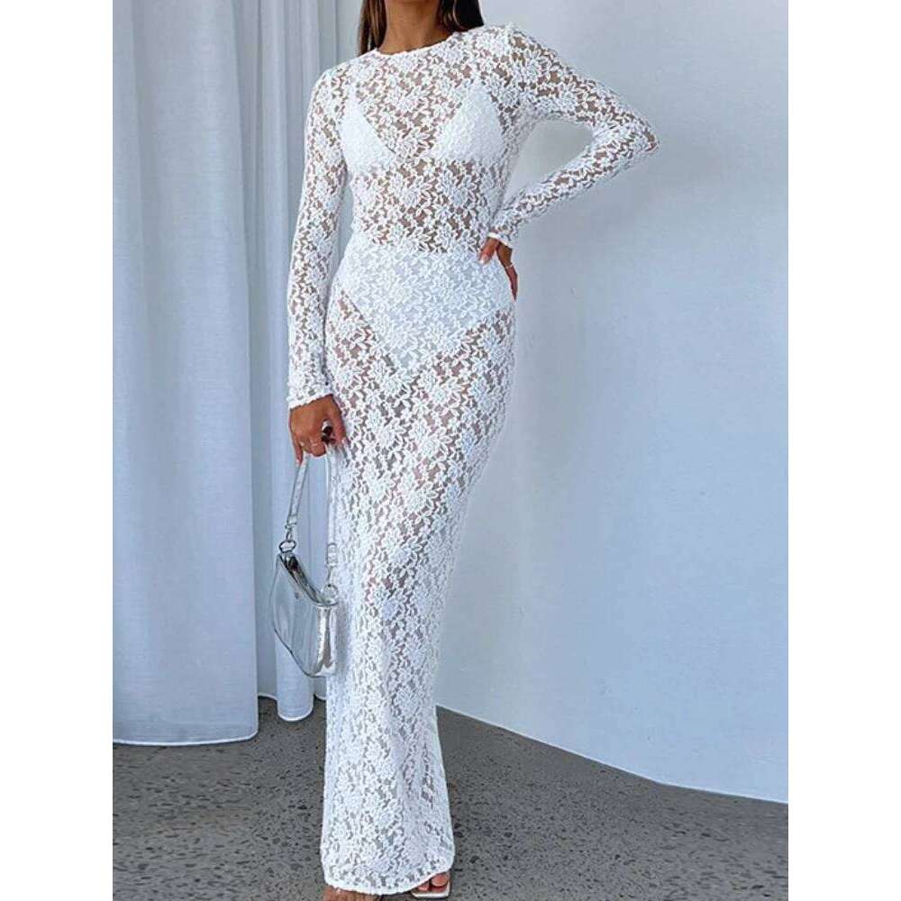Sexy See-through Lace Flower Embroidery Slim Bodycon Women Long Sleeved Maxi Dress Evening Club Party Vestidos C260312