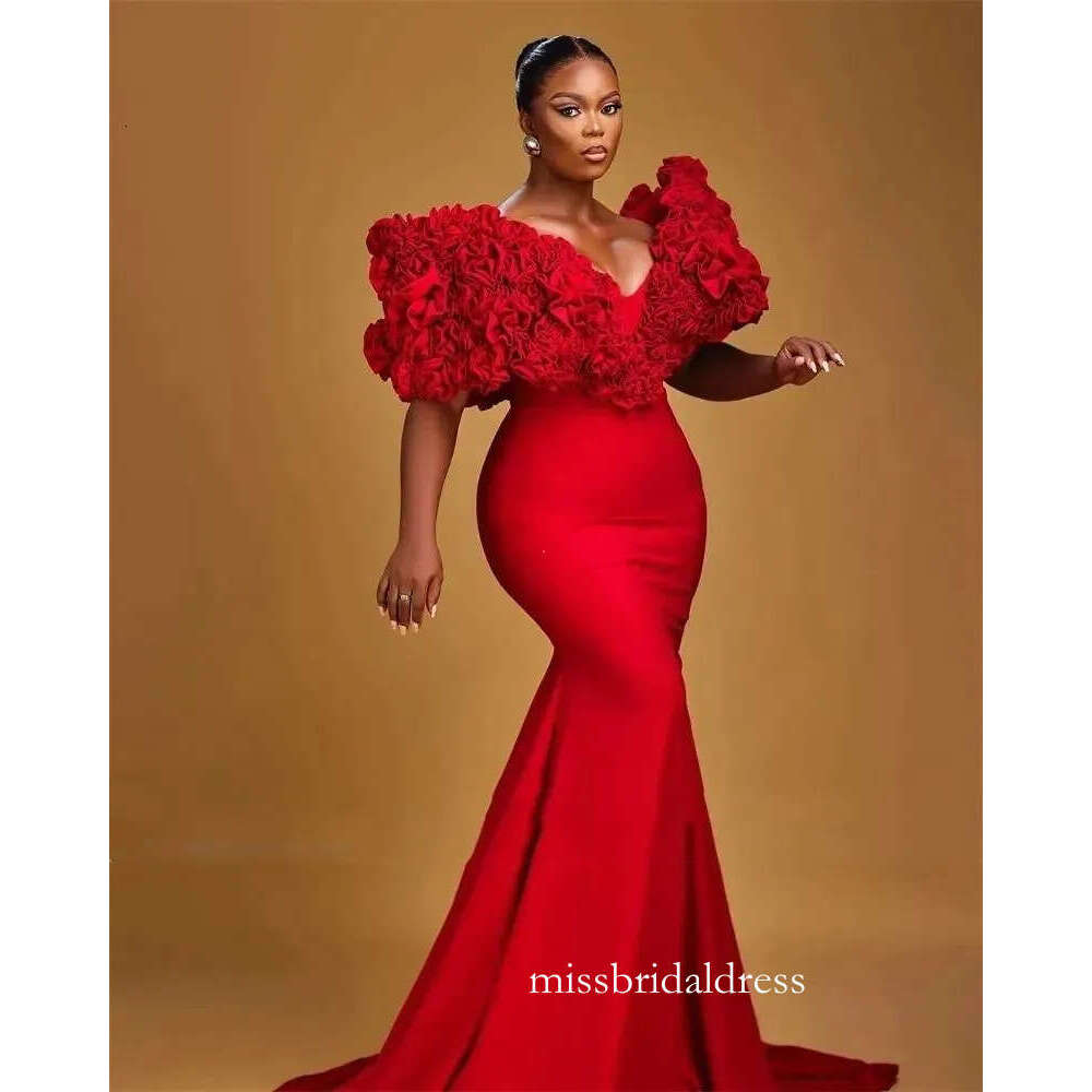 Aso Ebi African Red Mermaid Prom Dresses Ruched V-Neck Short Sleeves Long Satin Evening Gowns 2026 Chic Pageant Special Occasion Dress D0312