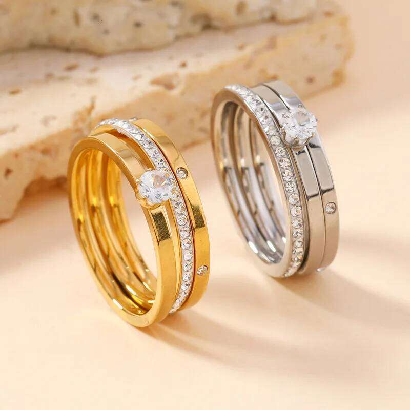 New Trendy Stainless Steel Ring For Women Three-Piece Set Zircon Classic Fashion Finger Accessory Jewelry Female Gifts H260312