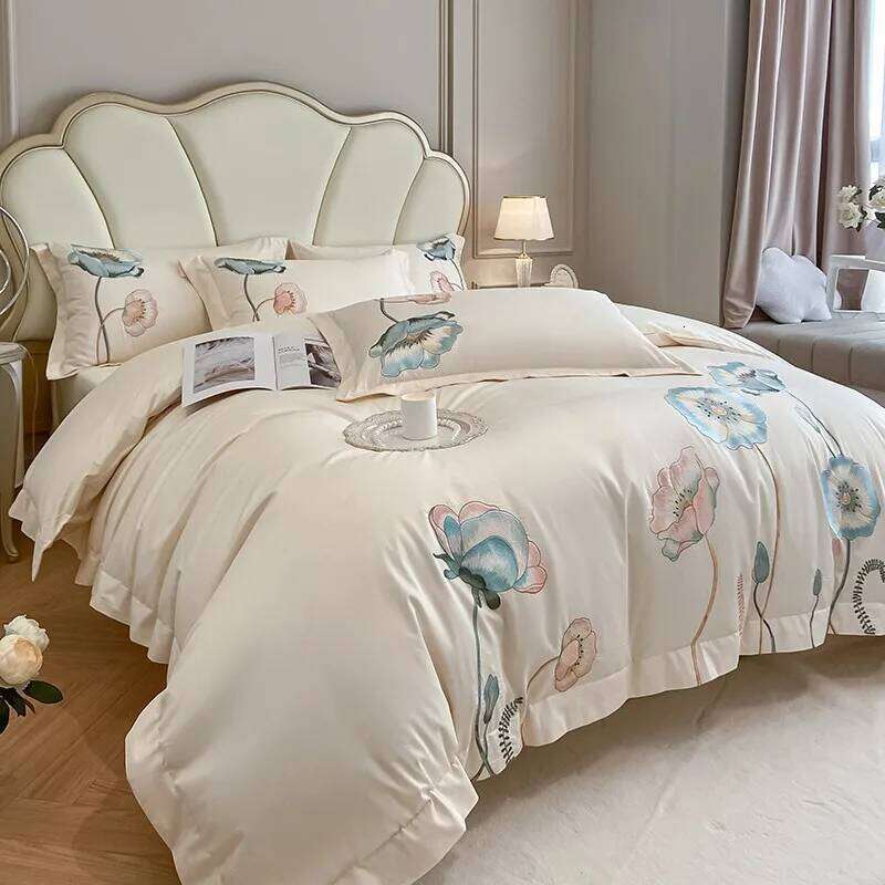 Chic Embroidery Blooming Beige Duvet Cover 100%Cotton Soft Comfy Beddng set Bed Sheet Pillowcases Double Queen King 4Pcs H260312