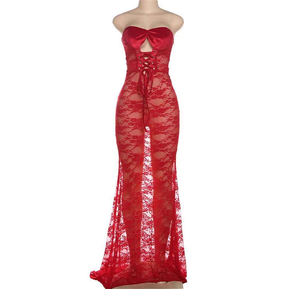 Nibber Lace Sexy Women Maxi Dress Stunning Coquette See Through Patchwork Drawstring Strapless Bodycon Mujer Midnight Club Robe C260312