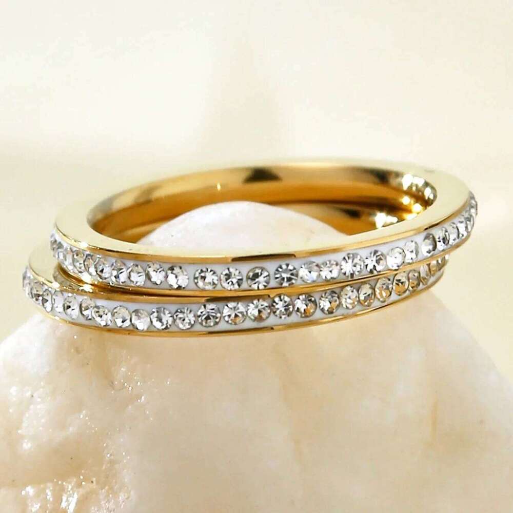 Trendy Ins Personality Niche Light Temperament Versatile Stainless Steel With Diamonds Plated 18K Gold Ring Female H260312