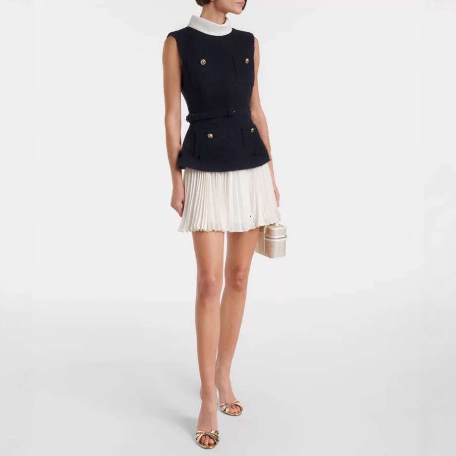 2026 Celebrity Same Style Fashion Design a25 Lightweight Business Style Color blocked Sleeveless Artificial Two piece Set Elegant Short Skirt