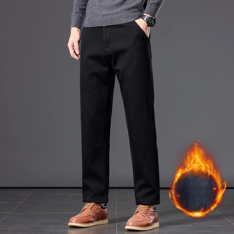 Winter Fleece Thickened Warm Mens Jeans Retro Blue Velvet Straight Leg Length Ninepoint Denim Trousers Lined Wool Pants 260228