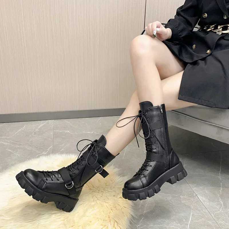 Womens Mid Length Boots 2025 Autumn New British Thick Soled High Rise Mid Length Boots Fashionable Plus Size Motorcycle Boots S260312