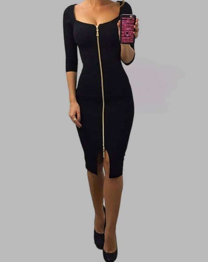 Women Sexy Party Tight Autumn Long Sleeve Square Neck Patchwork Solid Color Zipper Up High Waist Split Bodycon Dress C260311
