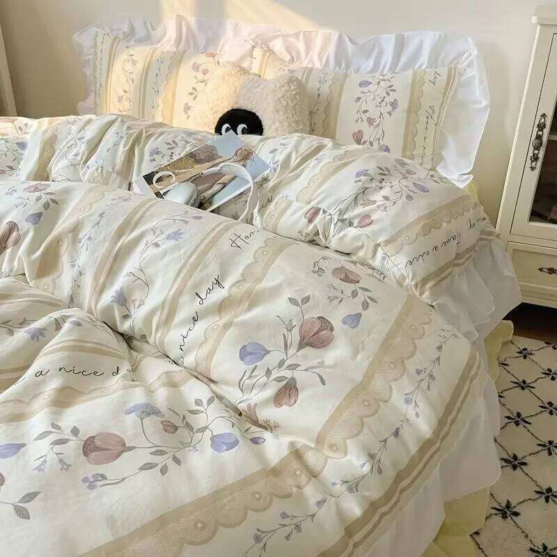 Korean Style Small Floral Washed Cotton Skirt Four-Piece Set Pastoral Lace Quilt Cover Student Dormitory Bed Sheet H260312