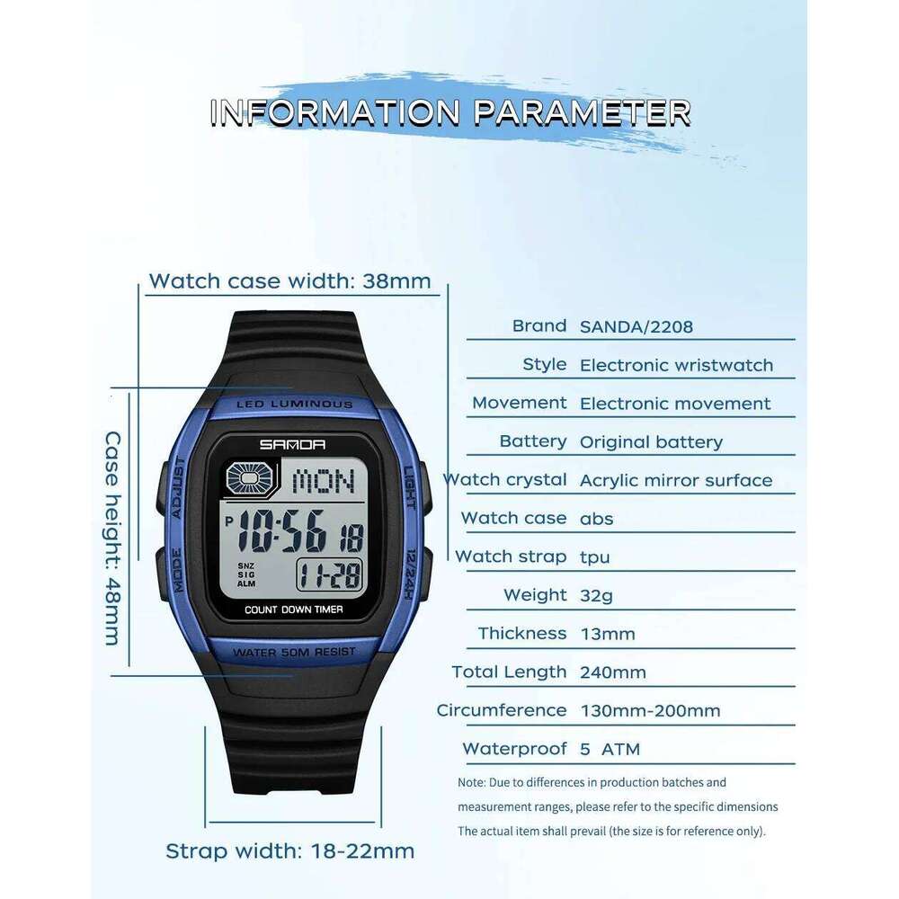 2026 SANDA New 2208 Fashion Men's Electronic Outdoor Sports Waterproof Timing LED Women's Watch