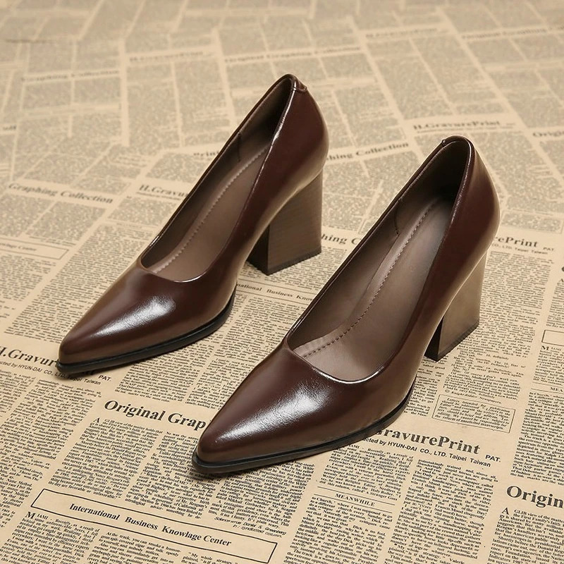 2026 Spring Women Commuter Pumps Shoes Fashion Pointed Toe Slip On Shoes Elegant Thick Heel Work Leather Shoes 260227