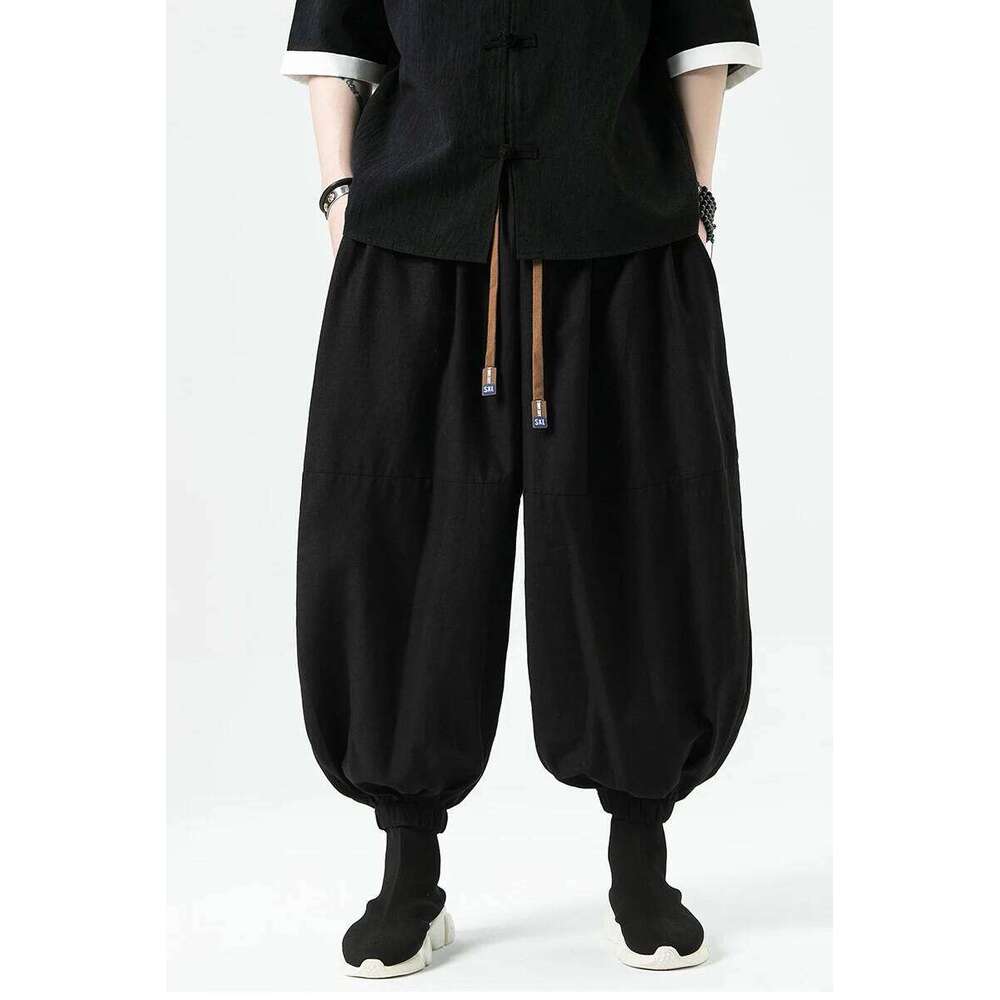 2024 Summer Wide Leg Dark Wind Solid Color Casual Japanese Styles Harun Men Cotton Linen Lantern Pants