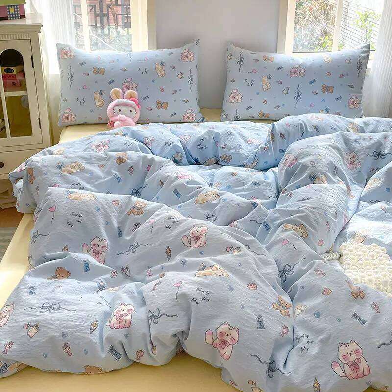 Ins Cute Blue Cat Bedding Sets 2025 New Soft Bed Sheet For Girls Washed Cotton Dormitory Quilt Set No Filling H260312