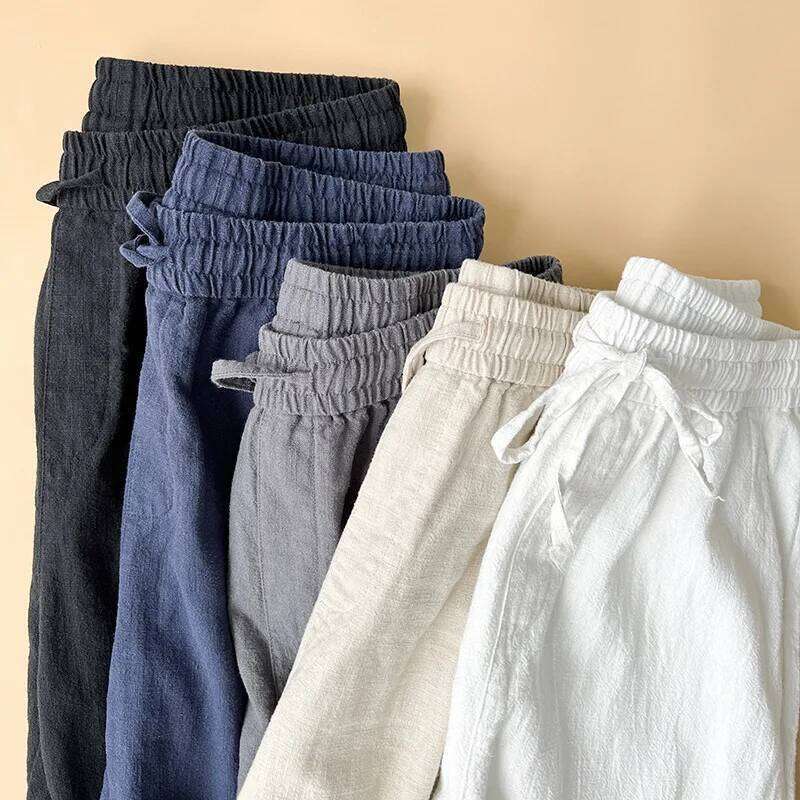 Men's Trousers Cotton Linen Fashion Casual Solid Color Breathable Loose Shorts Straight Drawstring Pants Streetwear Men