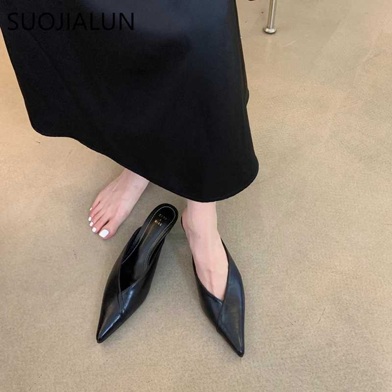 SUOJIALUN 2024 Spring New Women Slipper Fashion Pointed Toe Shallow Slip On Mules Shoes Thin Low Heel Dress Sandal Shoes P K260312