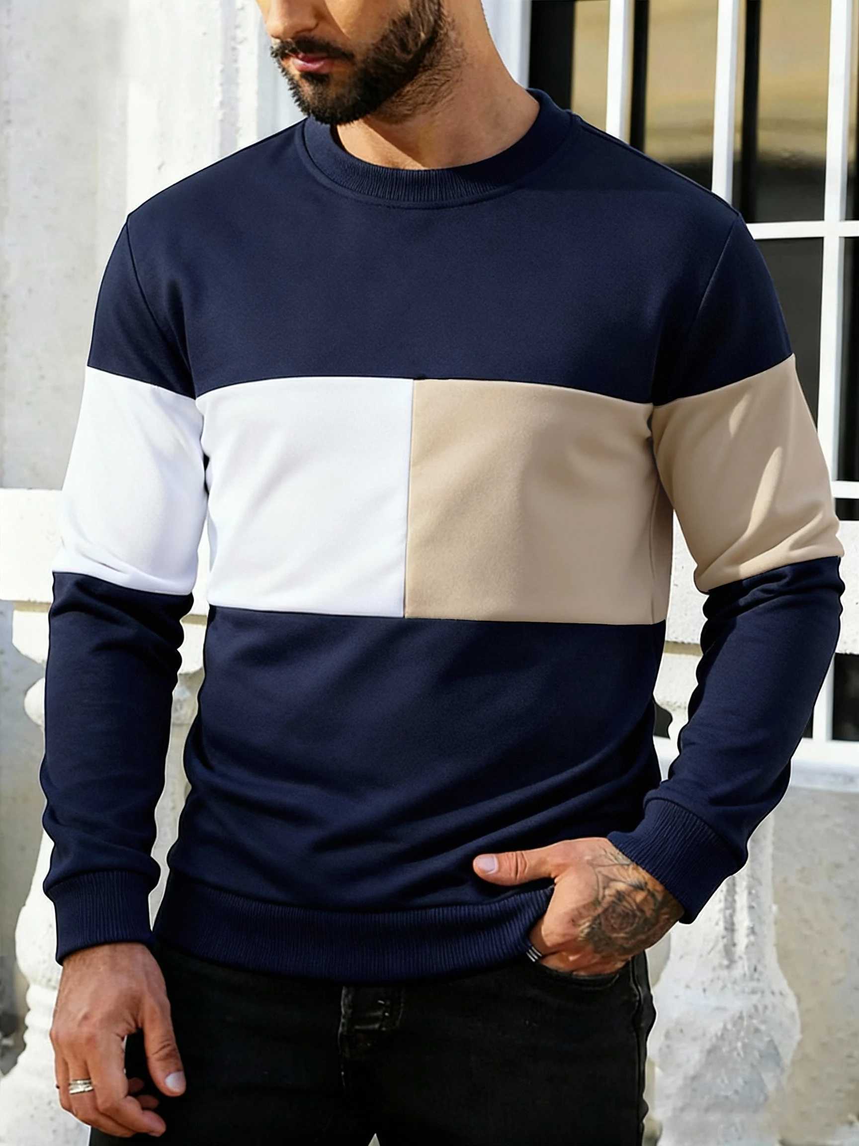 Mens Crew Neck Sweatshirts Patchwork Loose Sweatshirts Spring Autumn Outdoor Jogging Tops Casual Daily Long Sleeve Pullover M260312