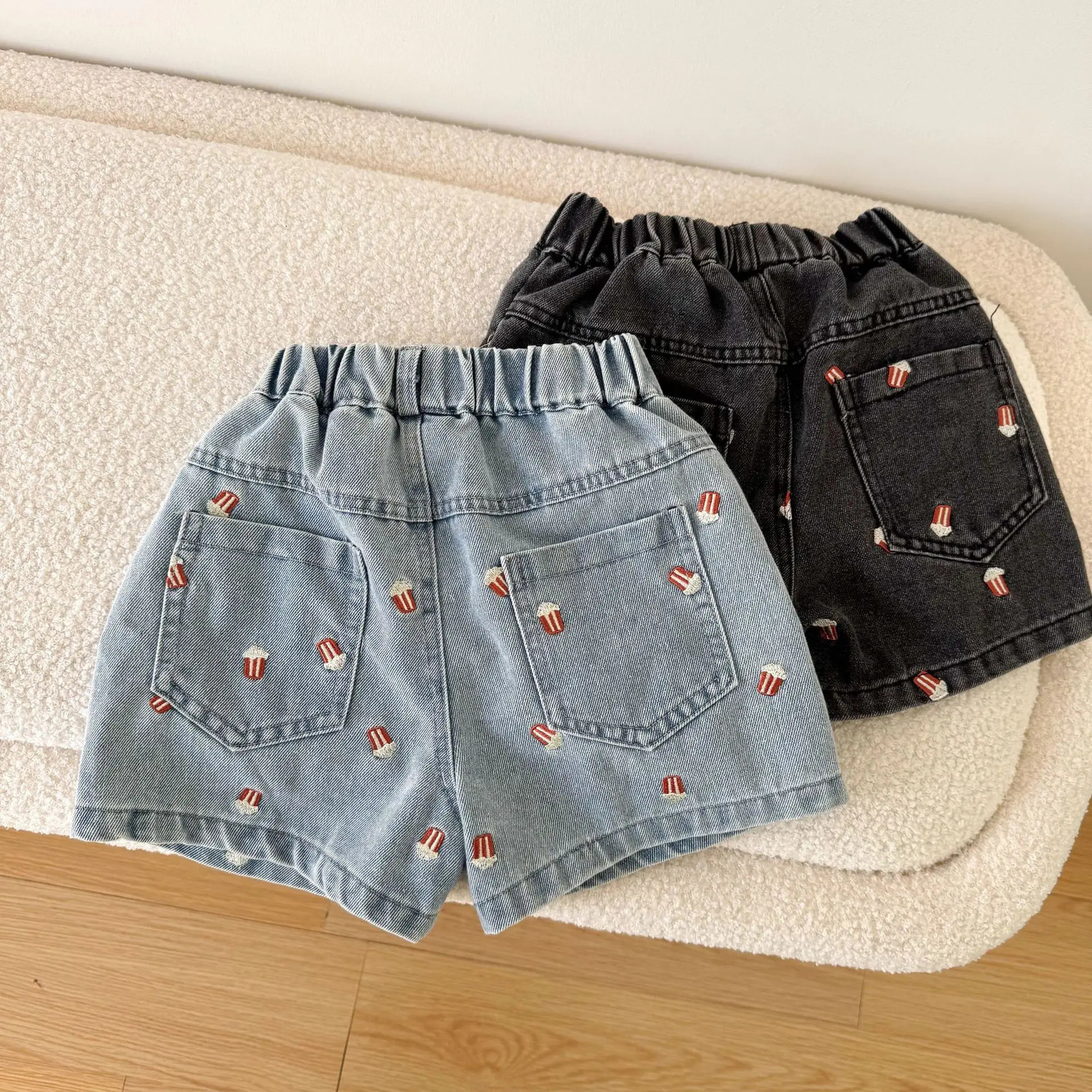 Summer Kids Denim Shorts Children Boys Girls Popcorn Embroidery Short Pants Casual Knee Length Jeans 260311
