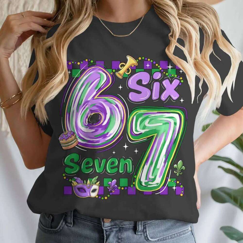 Six Seven Printed Women Shirt Mardi Gras Female T-shirt Girls Carnival Outfit Tee Vintage Holiday Short Sleeve Tops Z260312