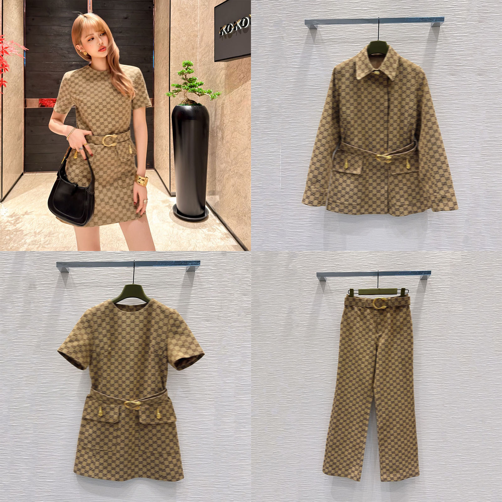 Designer Women's Two Piece Pants Luxury Full Letter Jacket Coat Pants Set Slim Dress with Metal Belt for Women