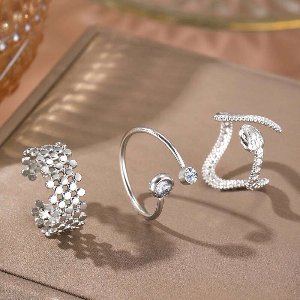 DGIDDK Stainless Steel Geometric Hollowing Design Open Snake Ring 3 Piece Set Women Simple Fashion Adjustable Finger Jewelr H260312