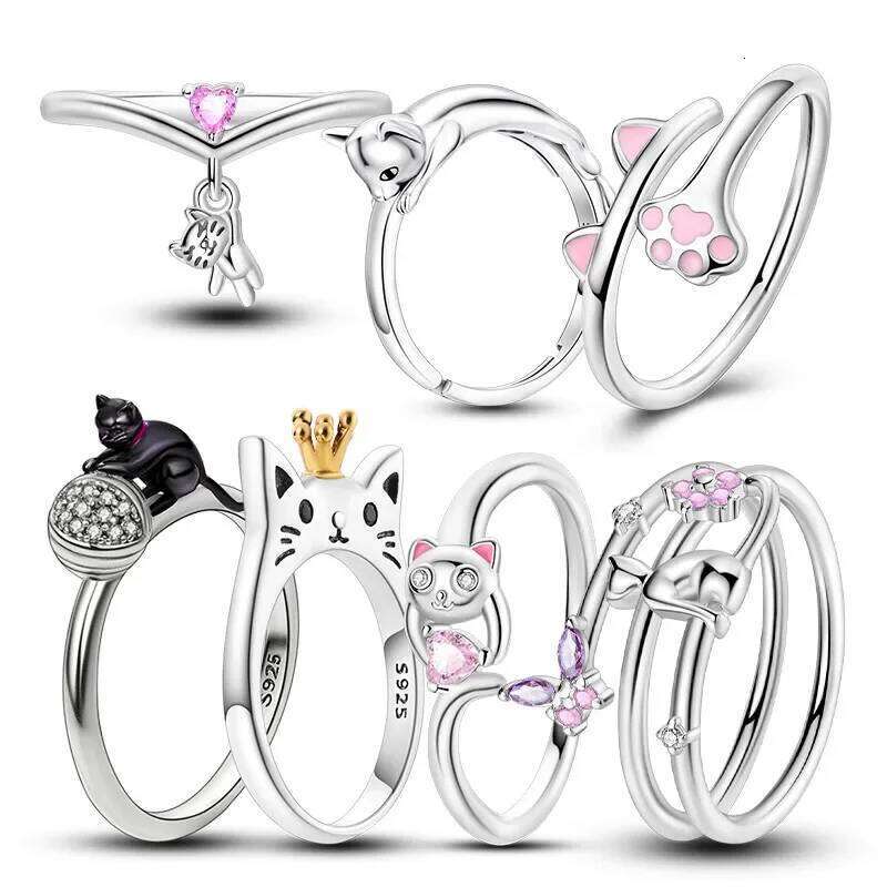 Real S925 Adorable Cat Pink Rings for Women Sterling Silver Ring Fine Jewelry Gift Teen Girl Valentines H260312