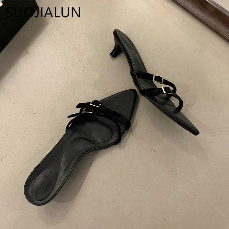 SUOJIALUN 2025 Summer New Women Slipper Fashion Narrow Band Ladies Elegant Slides Thin Low Heel Outdoor Dress Sandal Pumps Shoes K260312
