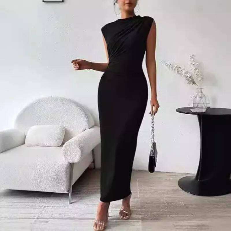Women Plus Size Elegant Ruched Bodycon Euro Sexy Sleeveless Layering Stretchy Coat Inner Party Outfit Fashion Basic Dress C260311