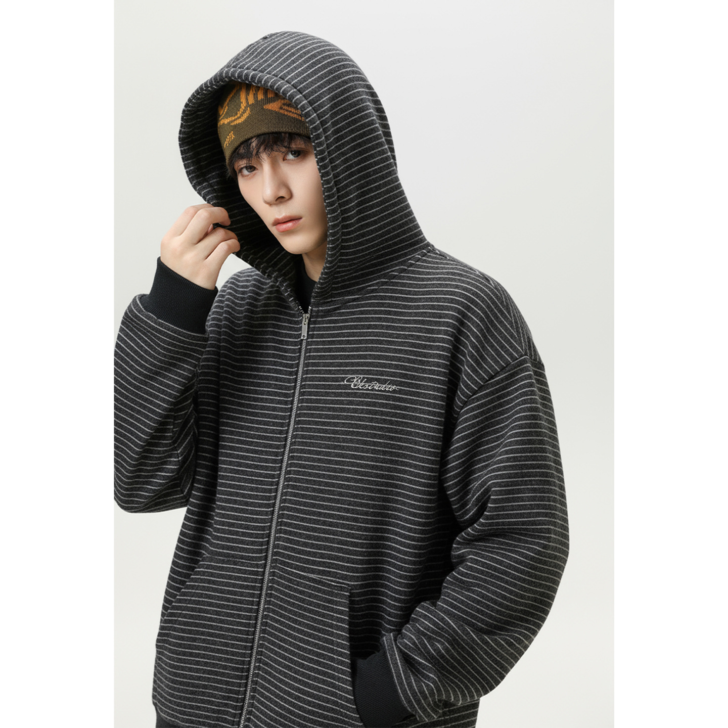 Retro Color-block Striped Cardigan Hoodie Autumn And Winter Style Designer Hoodie Loose Fit Textured Thickened Warm Hoodie Jacket