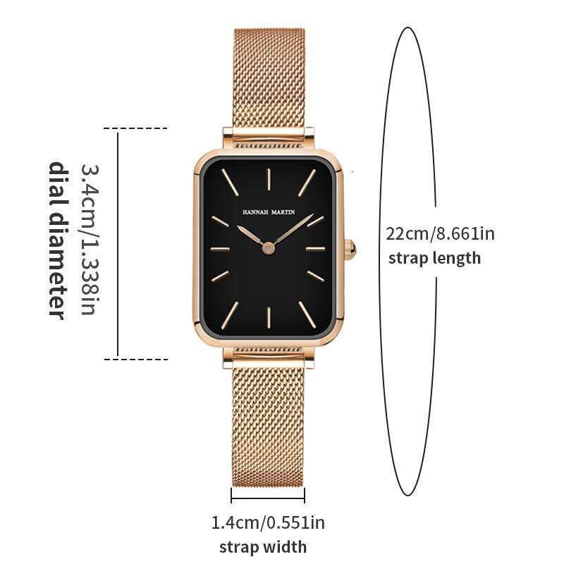 Square Women Stainless Steel Mesh Strap Watch Japanese Movement Rose Gold Simple Leisure Fashion Hannah Martin Watches
