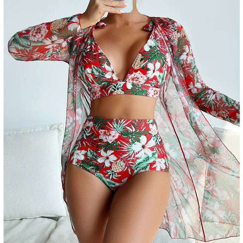 Bikini Print Swimsuits 2026 Female Swimwear Push Up For Beach Wear Three-Piece Bathing Suits Pool Bather Women's Swimming Suit Y260303