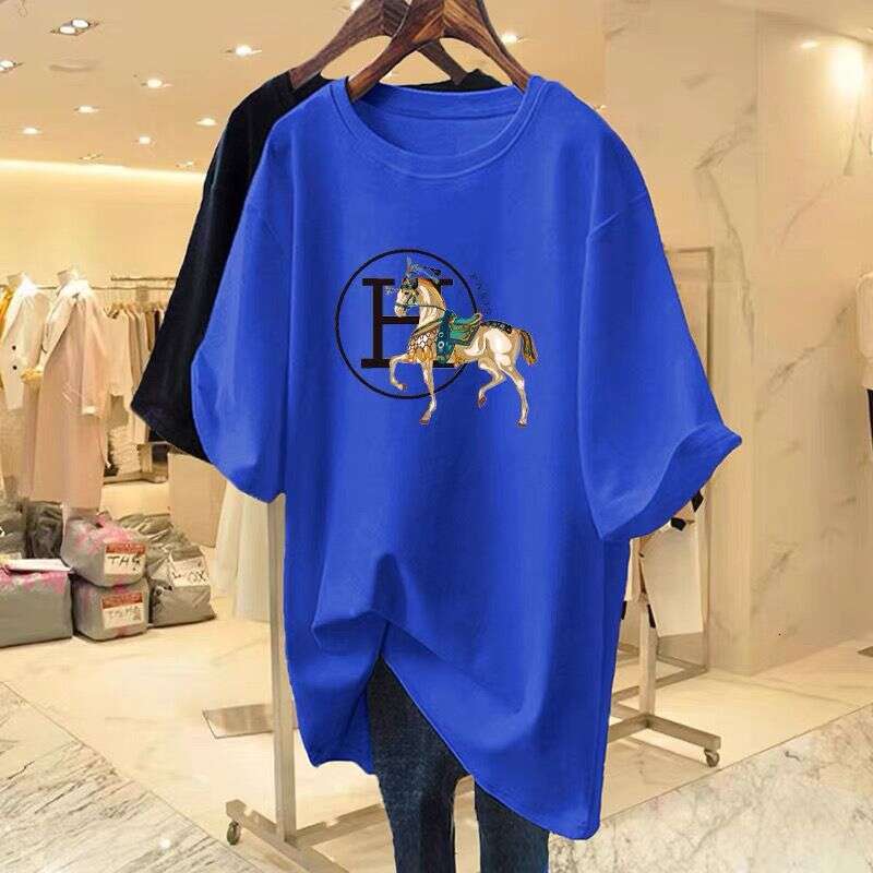 Horse-Patterned Dragon Fruit Red Women's T-Shirt New Model, Pure Cotton, Loose-Fitting, Mid-Length Short-Sleeve T-Shirt Asia Size
