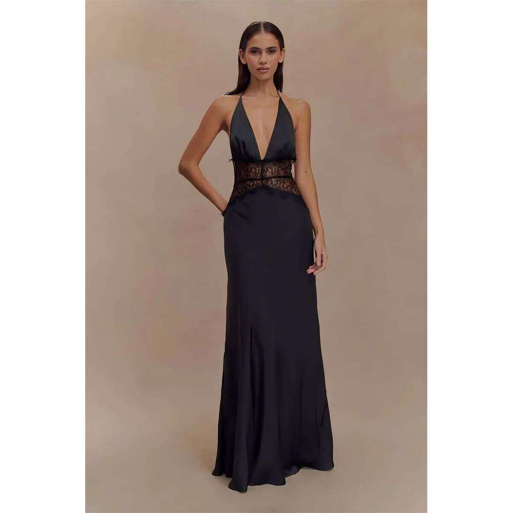 2025 Summer Backless Sexy Maxi Dress Women White Black Gown Lace Patchwork Halter Deep V Neck Sleeveless Party Club Long Dresses C260312